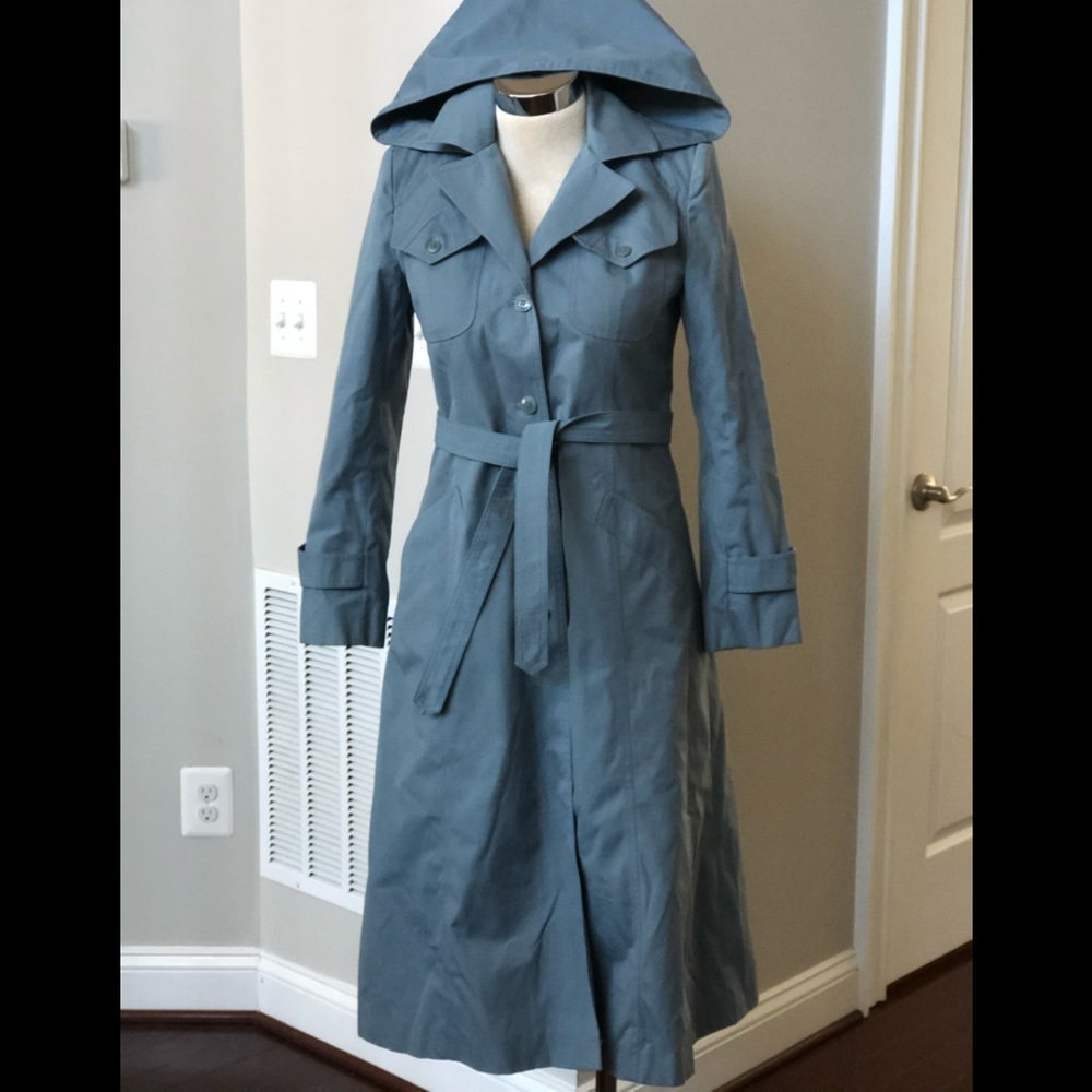Vintage Duck Egg Blue Hooded Trench Coat View 2